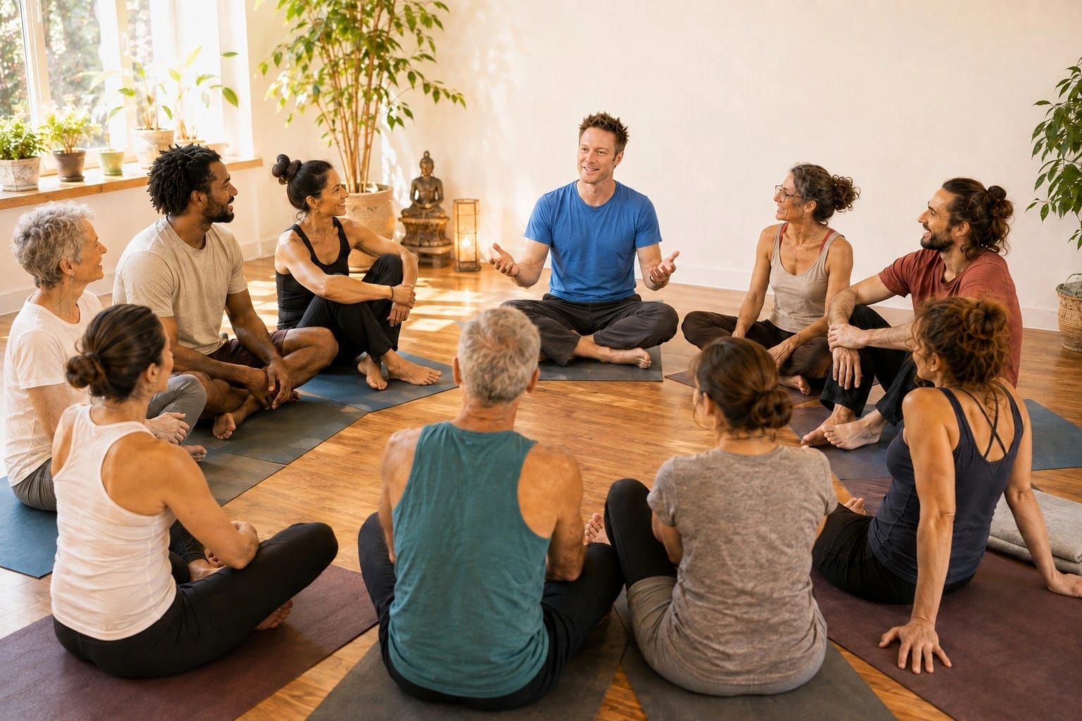 Groupe en cercle lors d'un cours de Yoga de l'Énergie